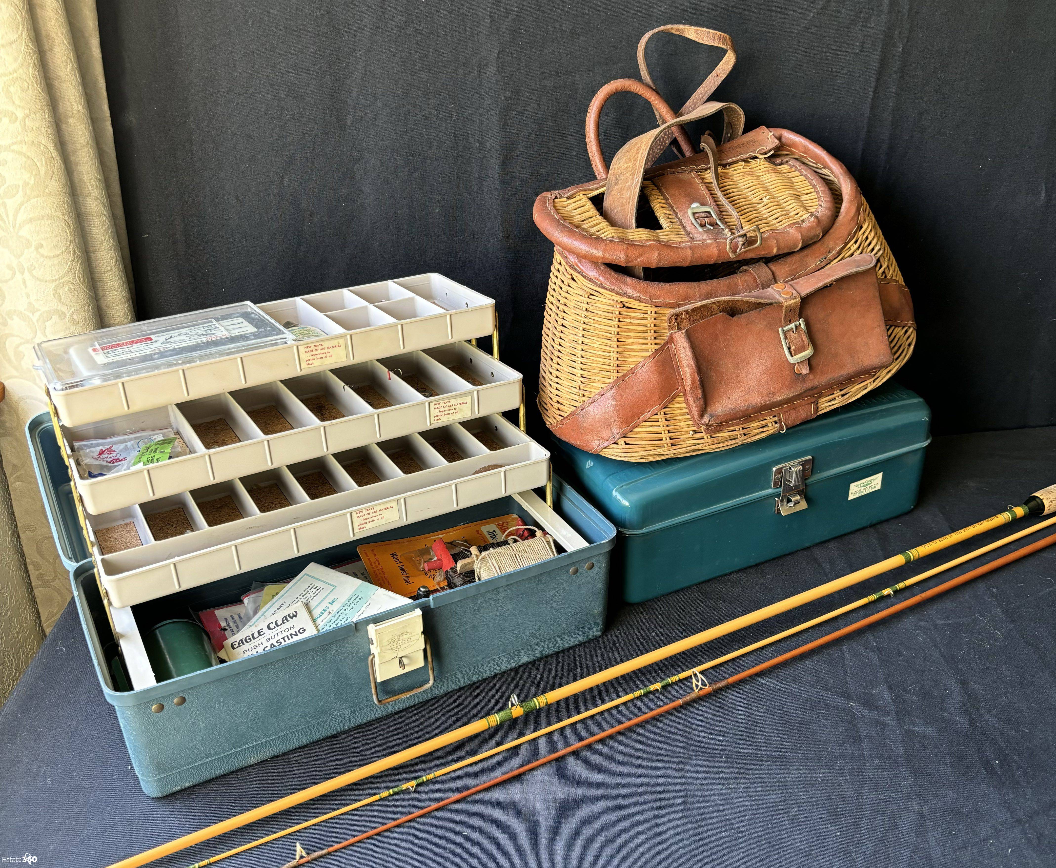 Vintage Fishing Creel Basket, 2- Tackle Boxes and Fishing Pole Auction