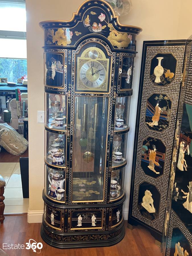 Vintage Asian Grandfather Clock Curio Cabinet - Black Lacquer and Vintage Asian Grandfather Clock Curio Cabinet - Black Lacquer and