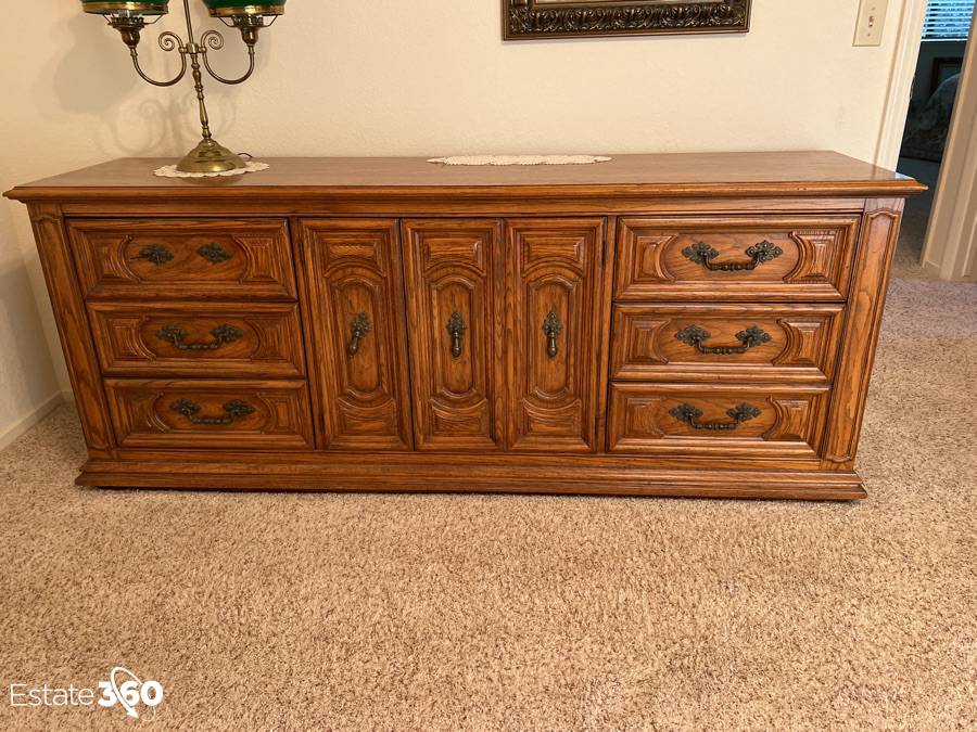 vintage thomasville 9 drawer dresser MCM 9-Drawer Walnut Wood and Wicker Style Credenza  ATTIC FANATIC Solid Oak 9-Drawer Dresser By