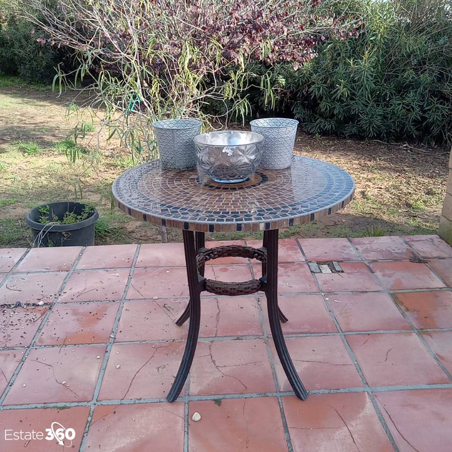 Small Patio Table with Mosaic Top, Two Metal Buckets and Glass Bowl Auction