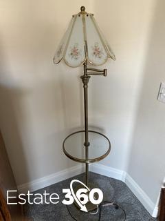 Brass floor lamp with adjustable arm And Glass Floral Shade