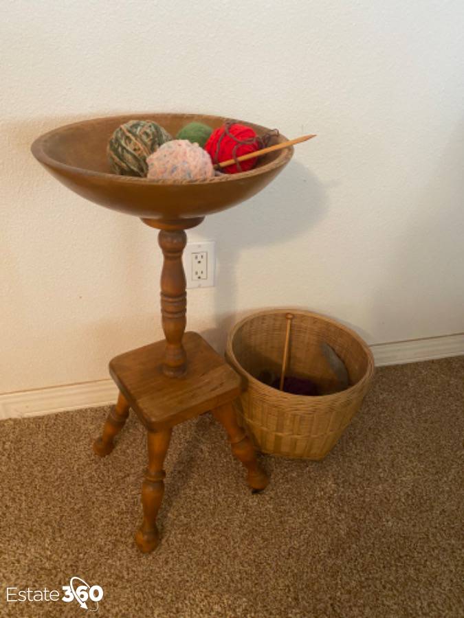 Vintage wood knitting bowl stand and basket Auction