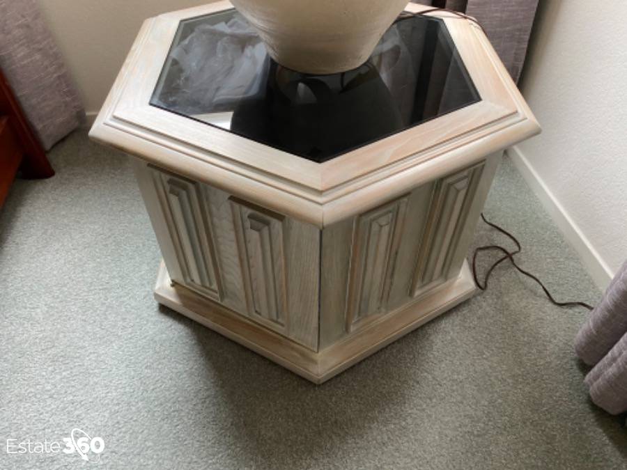 Hexagonal white washed end table with glass top Auction