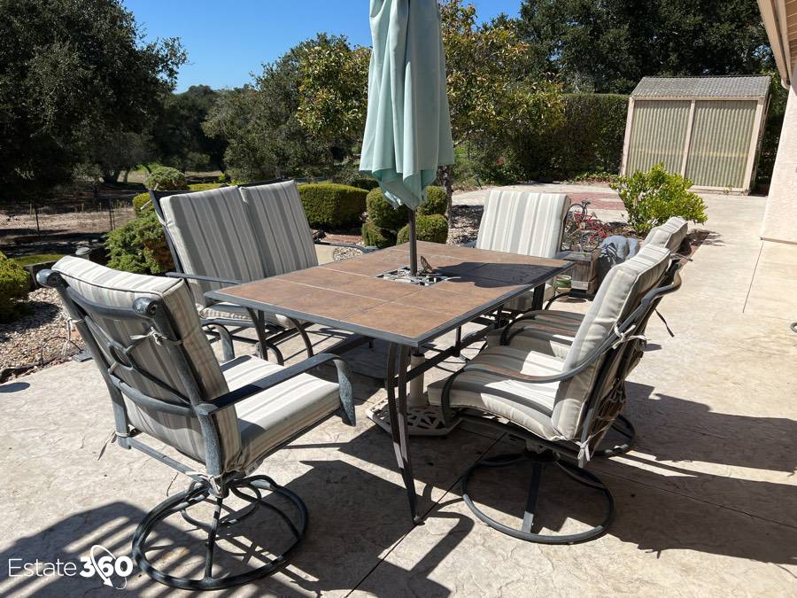 Tile-Top Patio Dining Table with Umbrella, 4 Patio Chairs