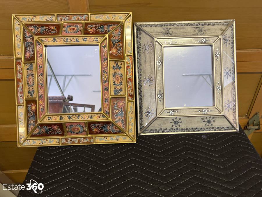 Two Framed Decorative Wall Mirrors, Reverse Painted Glass Auction