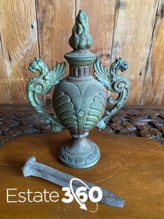 Antique Patina Bronze Urn with Winged Dragon Handles Auction